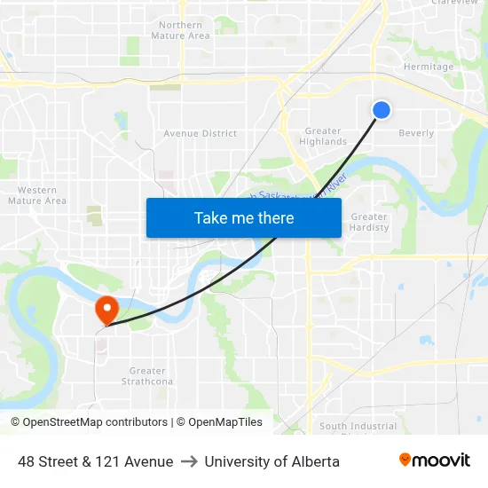 48 Street & 121 Avenue to University of Alberta map