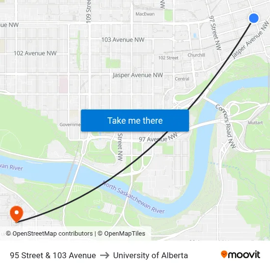 95 Street & 103 Avenue to University of Alberta map