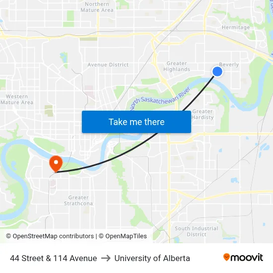 44 Street & 114 Avenue to University of Alberta map