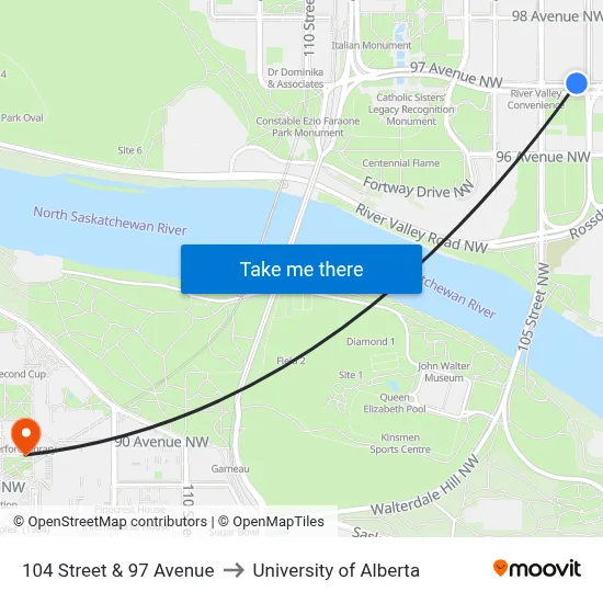 104 Street & 97 Avenue to University of Alberta map