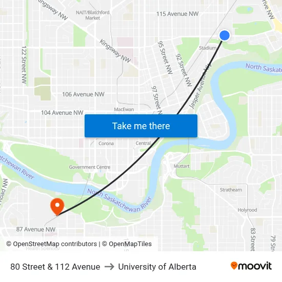 80 Street & 112 Avenue to University of Alberta map