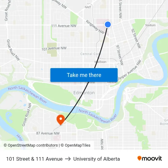 101 Street & 111 Avenue to University of Alberta map