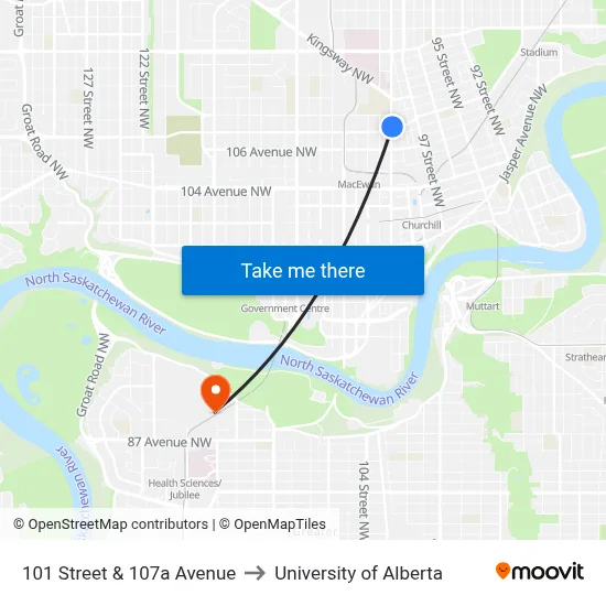 101 Street & 107a Avenue to University of Alberta map