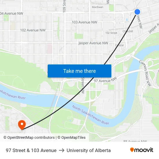 97 Street & 103 Avenue to University of Alberta map