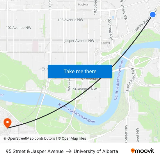 95 Street & Jasper Avenue to University of Alberta map