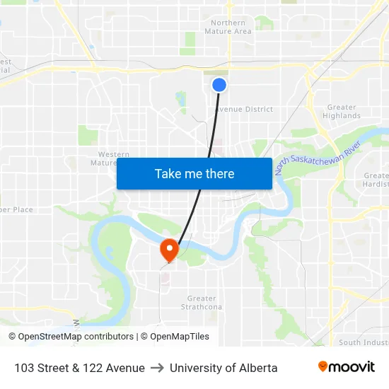 103 Street & 122 Avenue to University of Alberta map