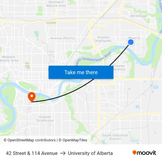 42 Street & 114 Avenue to University of Alberta map