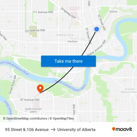 95 Street & 106 Avenue to University of Alberta map