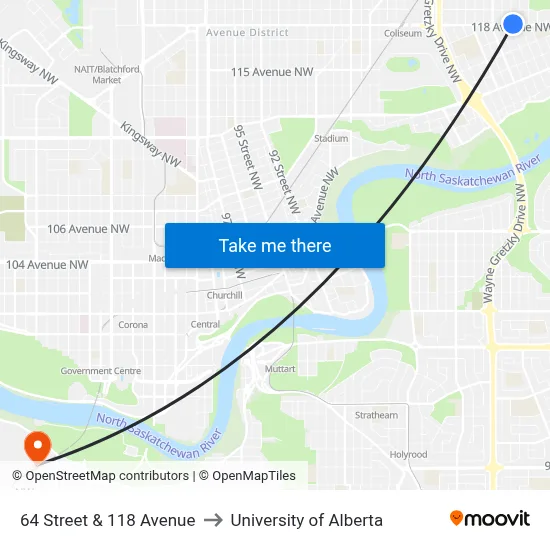 64 Street & 118 Avenue to University of Alberta map