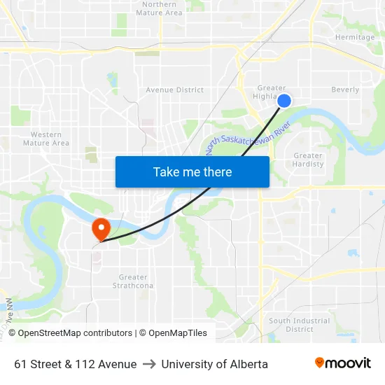 61 Street & 112 Avenue to University of Alberta map
