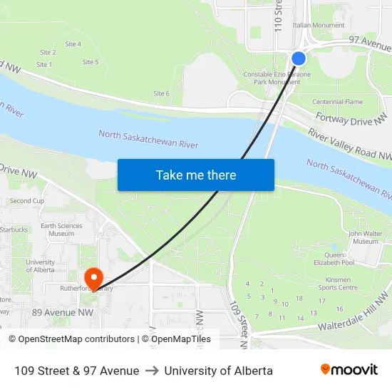 109 Street & 97 Avenue to University of Alberta map