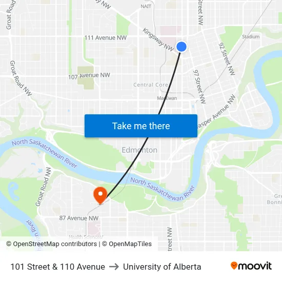 101 Street & 110 Avenue to University of Alberta map