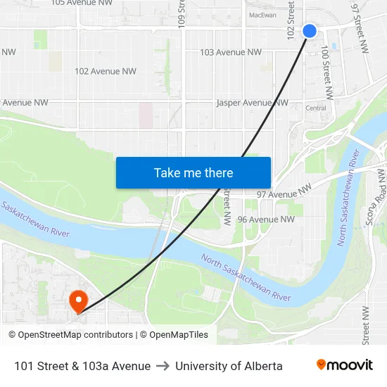 101 Street & 103a Avenue to University of Alberta map
