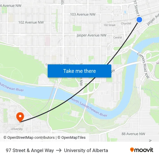 97 Street & Angel Way to University of Alberta map