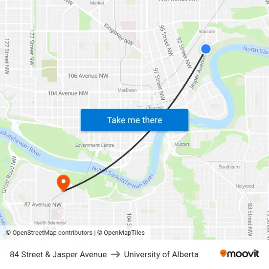 84 Street & Jasper Avenue to University of Alberta map