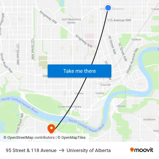 95 Street & 118 Avenue to University of Alberta map