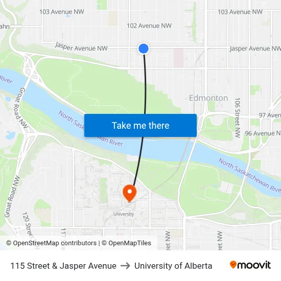 115 Street & Jasper Avenue to University of Alberta map