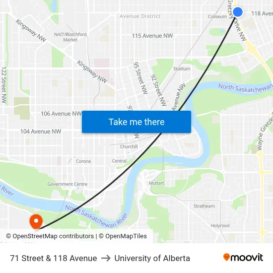 71 Street & 118 Avenue to University of Alberta map