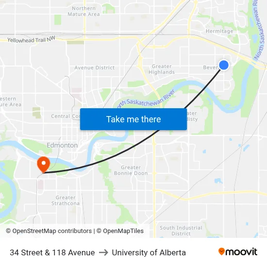 34 Street & 118 Avenue to University of Alberta map