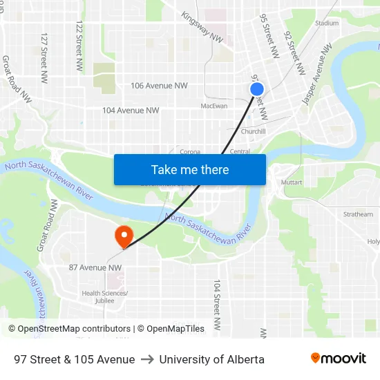 97 Street & 105 Avenue to University of Alberta map