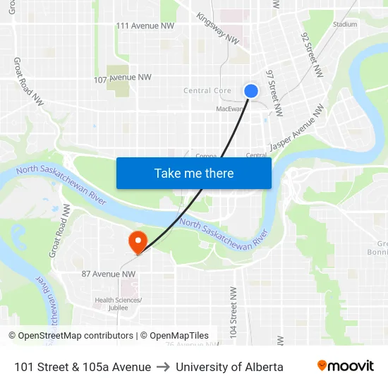 101 Street & 105a Avenue to University of Alberta map