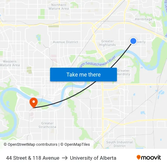 44 Street & 118 Avenue to University of Alberta map