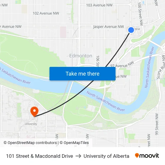 101 Street & Macdonald Drive to University of Alberta map
