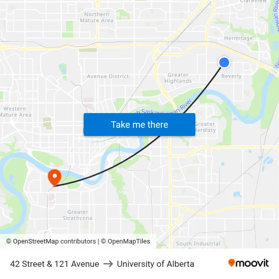 42 Street & 121 Avenue to University of Alberta map