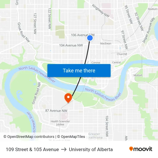 109 Street & 105 Avenue to University of Alberta map