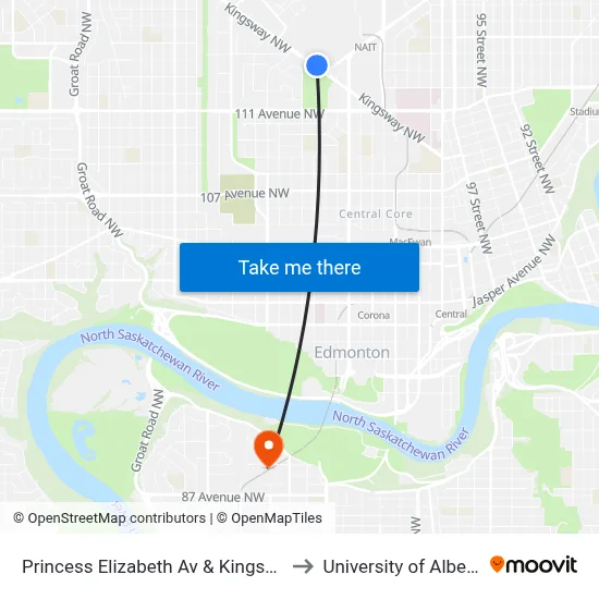 Princess Elizabeth Av & Kingsway to University of Alberta map
