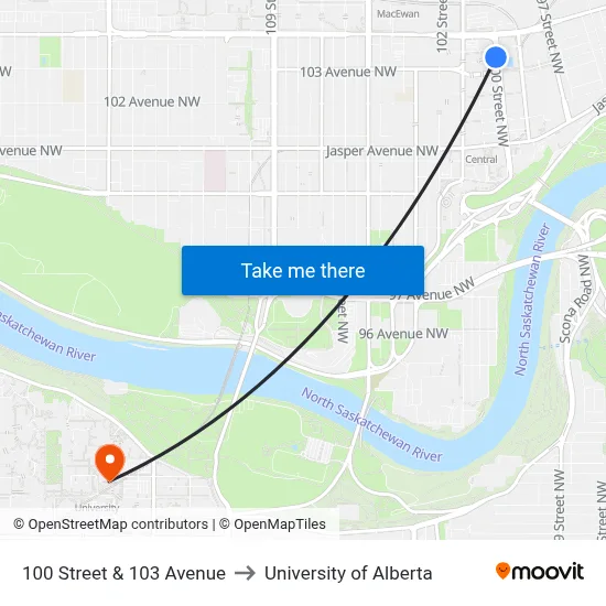 100 Street & 103 Avenue to University of Alberta map