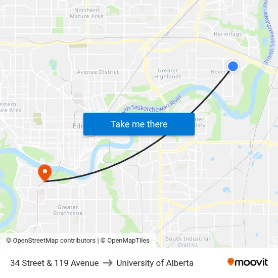 34 Street & 119 Avenue to University of Alberta map
