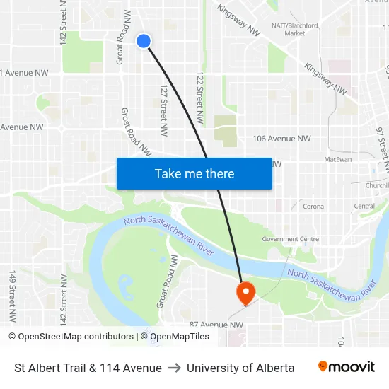St Albert Trail & 114 Avenue to University of Alberta map