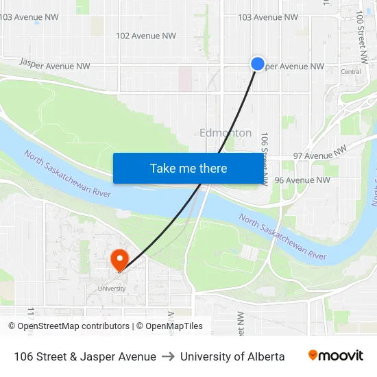 106 Street & Jasper Avenue to University of Alberta map