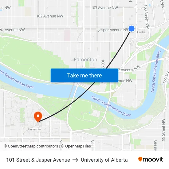 101 Street & Jasper Avenue to University of Alberta map