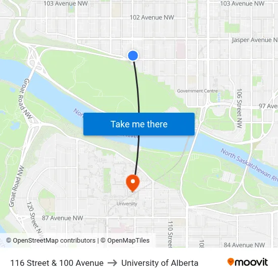 116 Street & 100 Avenue to University of Alberta map