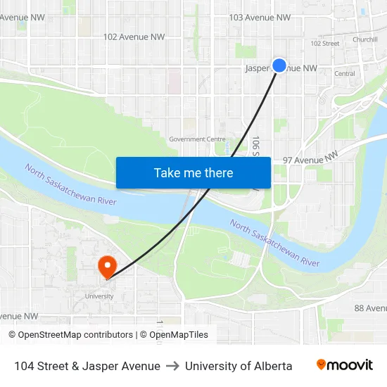 104 Street & Jasper Avenue to University of Alberta map