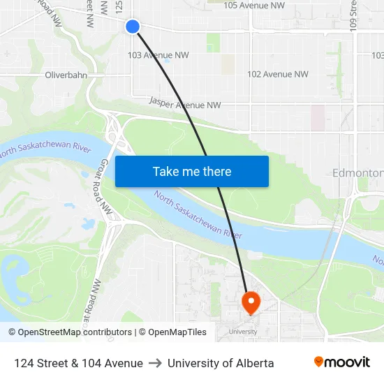 124 Street & 104 Avenue to University of Alberta map