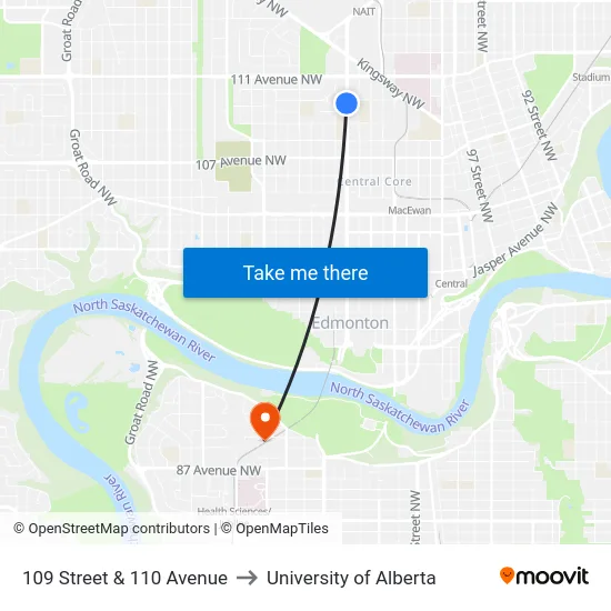 109 Street & 110 Avenue to University of Alberta map