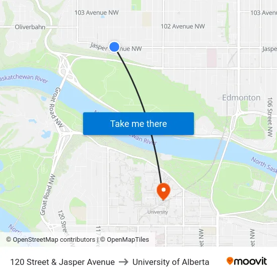 120 Street & Jasper Avenue to University of Alberta map