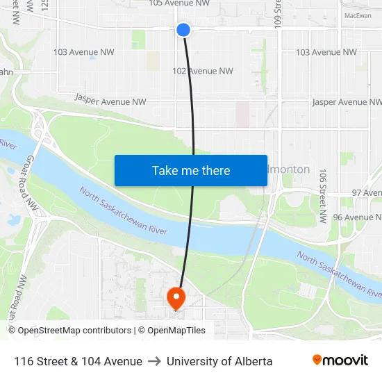 116 Street & 104 Avenue to University of Alberta map