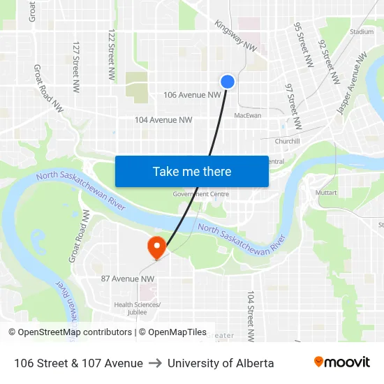 106 Street & 107 Avenue to University of Alberta map