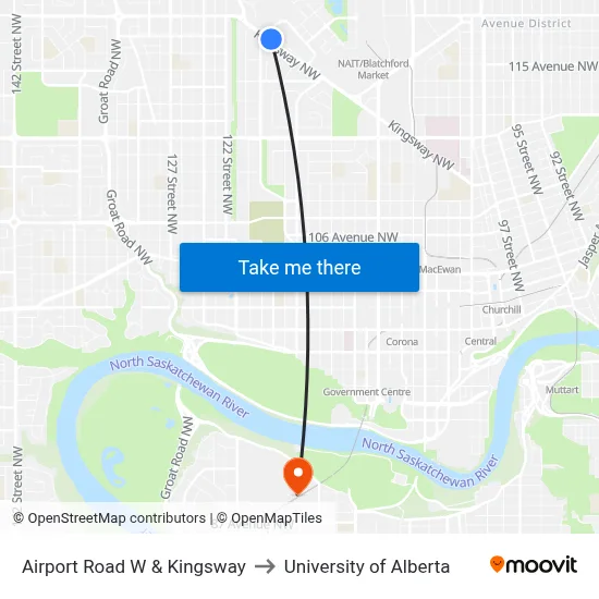 Airport Road W & Kingsway to University of Alberta map