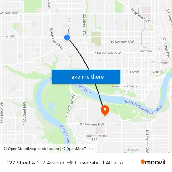 127 Street & 107 Avenue to University of Alberta map