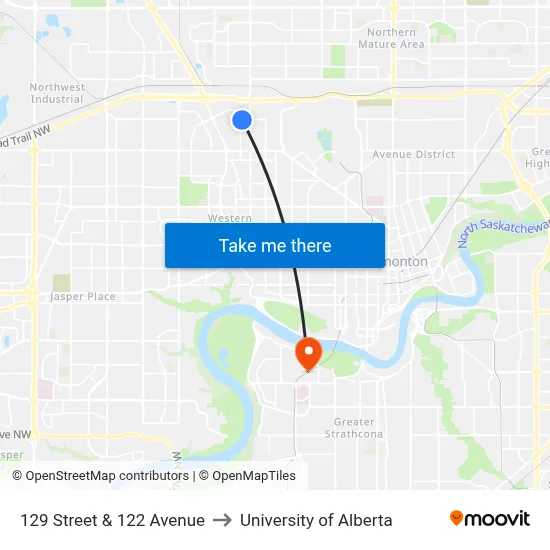 129 Street & 122 Avenue to University of Alberta map