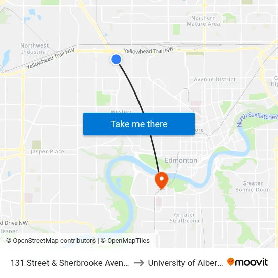 131 Street & Sherbrooke Avenue to University of Alberta map