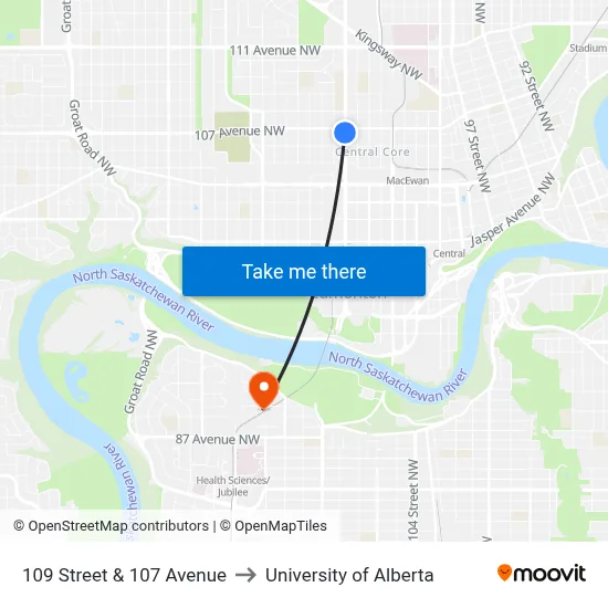 109 Street & 107 Avenue to University of Alberta map