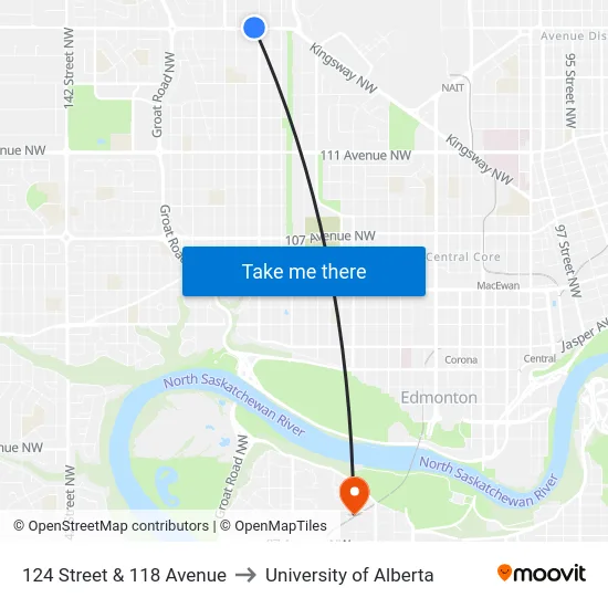 124 Street & 118 Avenue to University of Alberta map