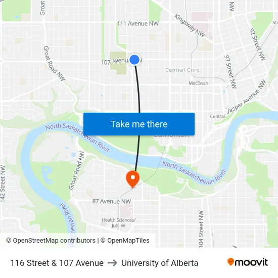 116 Street & 107 Avenue to University of Alberta map