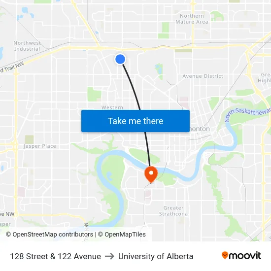 128 Street & 122 Avenue to University of Alberta map